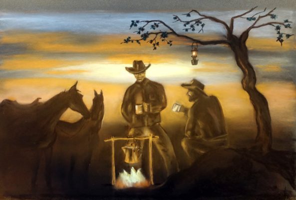 Cowboy Coffee - zwei Männer und ein Pferd bei einem Lagerfeuer in der Wildnis trinken Kaffee