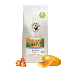 Unser Kaffee des Monats im März: Cauca aus Kolumbien BIO - Packshot mit Aromen