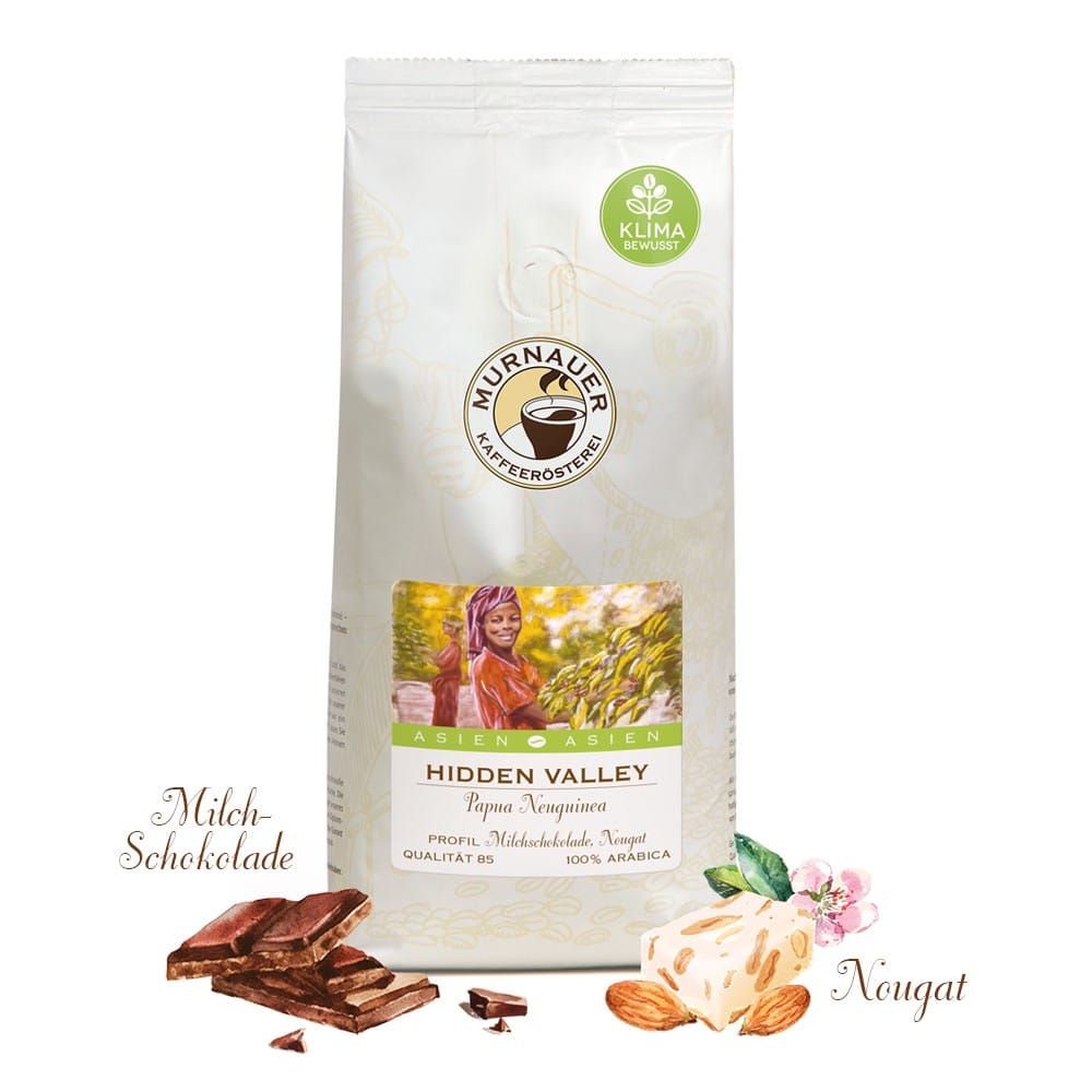 Hidden Valley, Papua Neuguinea 1 Produktbild der weißen Kaffeetüte - Hidden Valley aus Papua Neuguinea mit Aromen: Milchschokolade und Nougat